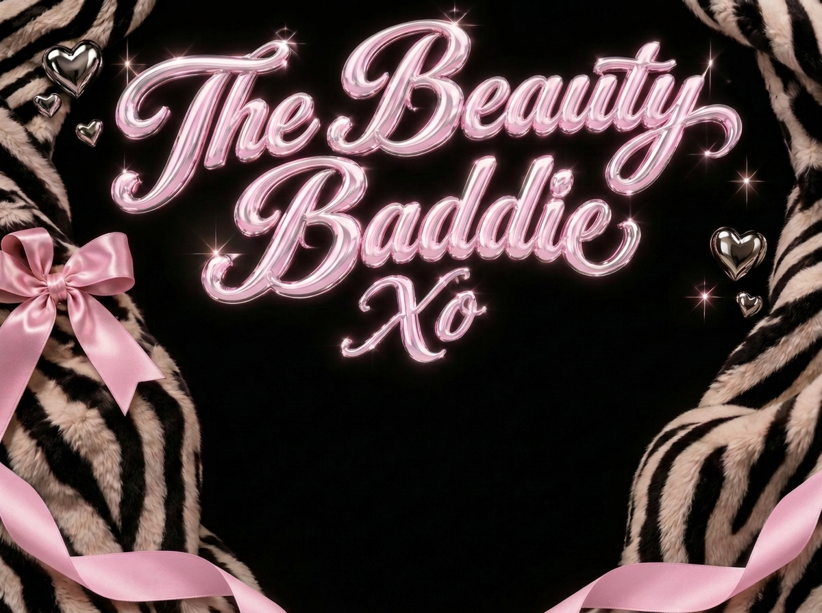 The Beauty Baddie Xo — glossy pink chrome lettering, silver hearts, and zebra fur